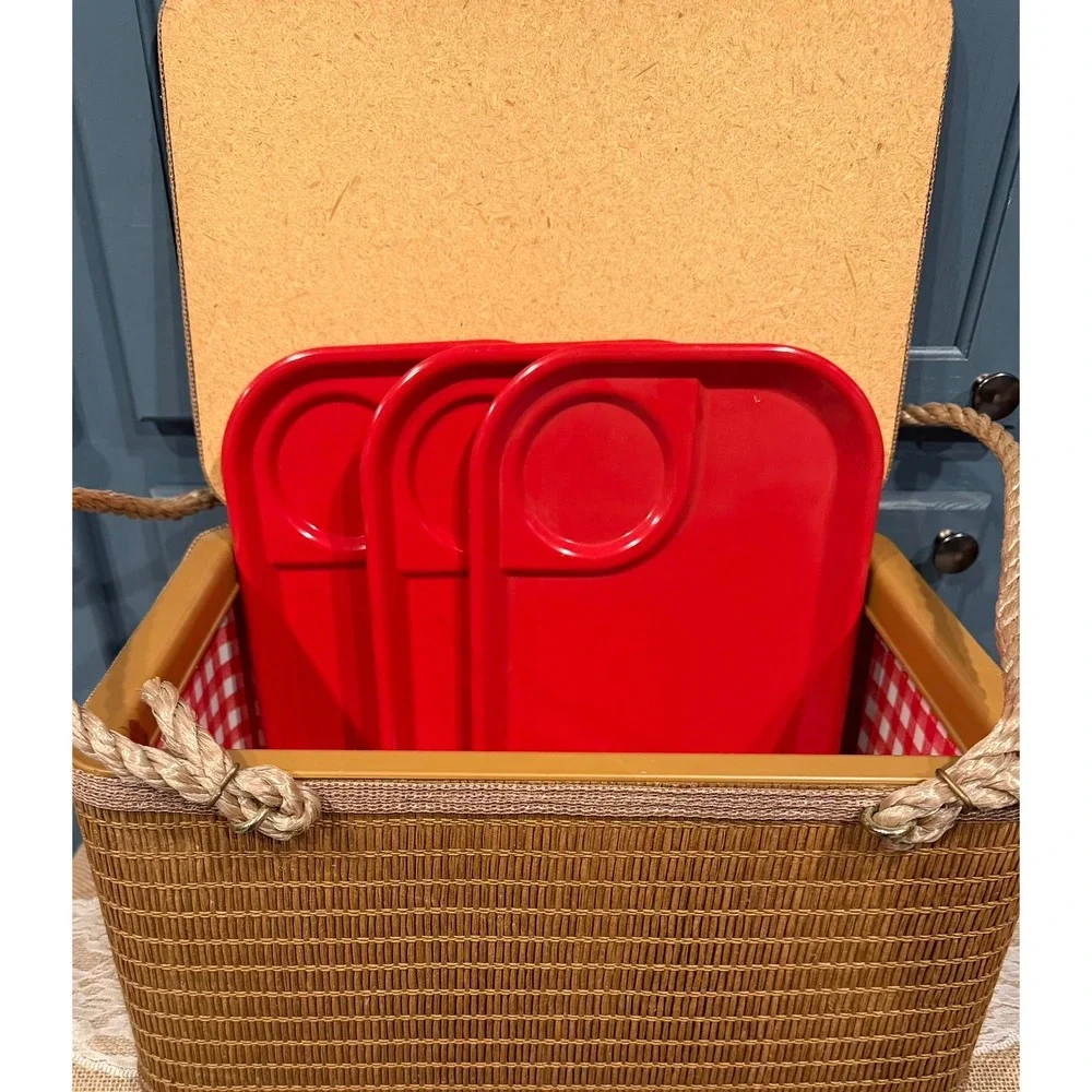 Vintage Burlington Hawkeye Picnic Basket Woven Rope Handles Red Gingham 3 Trays